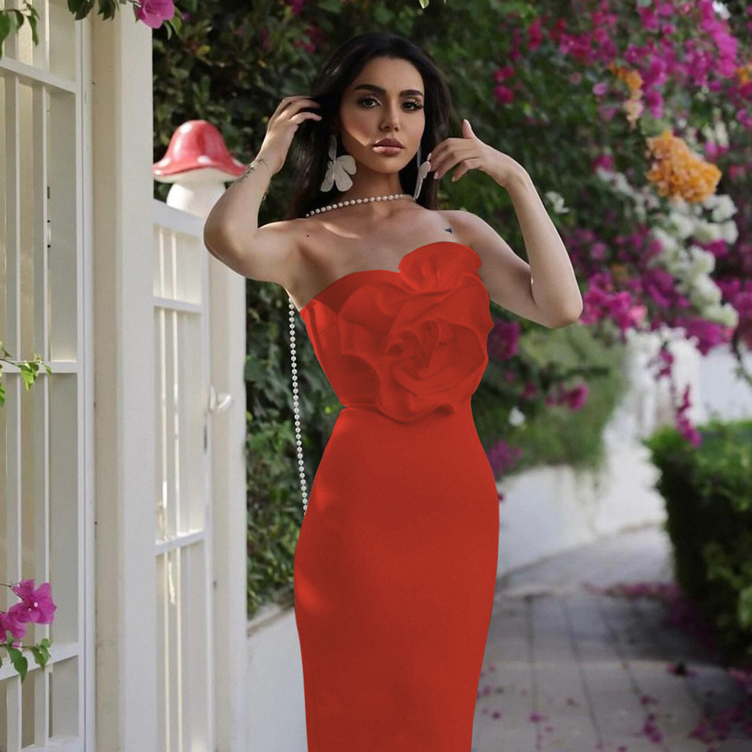 Strapless Flower Detail Midi Dress Red HV1587