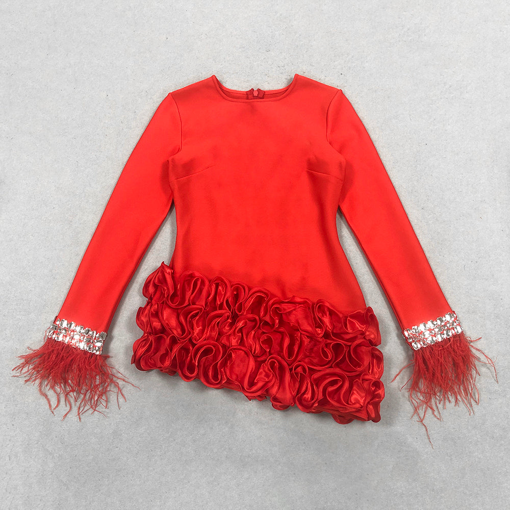 Crystal Feather Long Sleeve Ruffle Dress Red HV9972