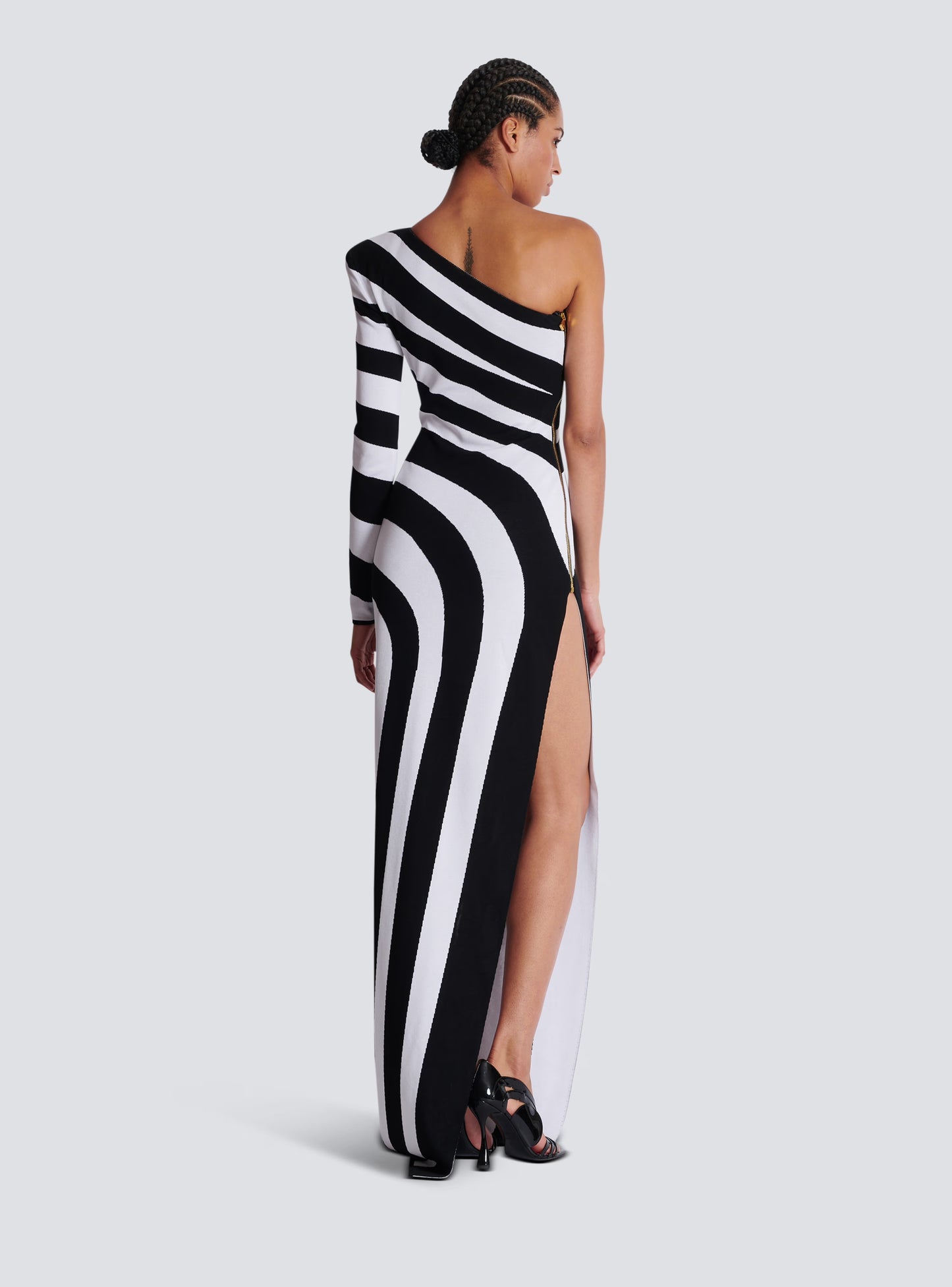 One Sleeve Striped Maxi Dress Black White HV1823