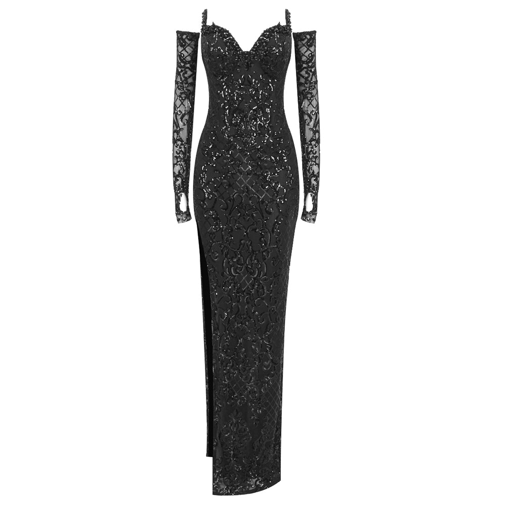 Strapless Crystal Bustier Sequin Maxi Dress Black HV1464