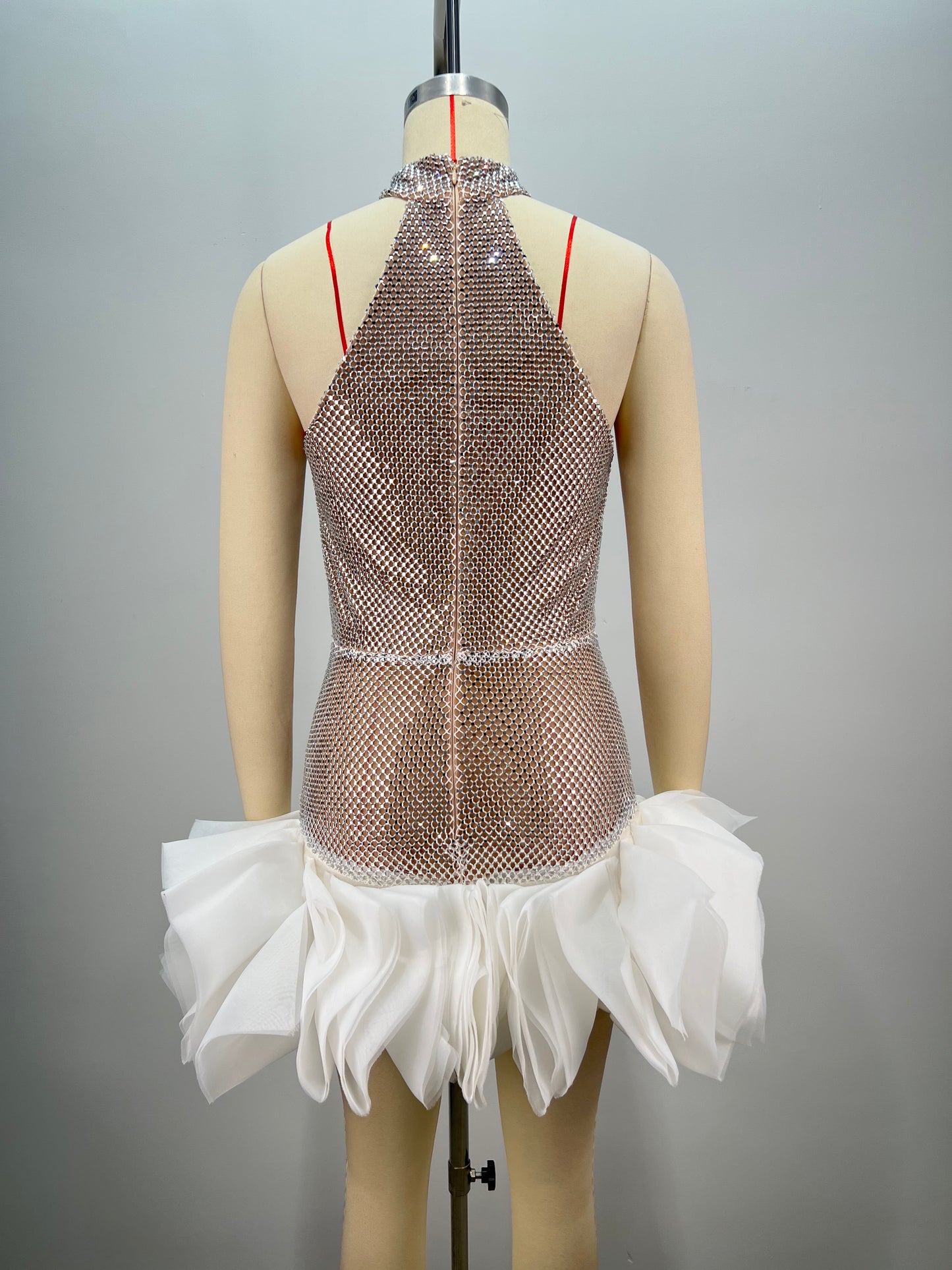 Halter Crystal Ruffle Dress White HV1827