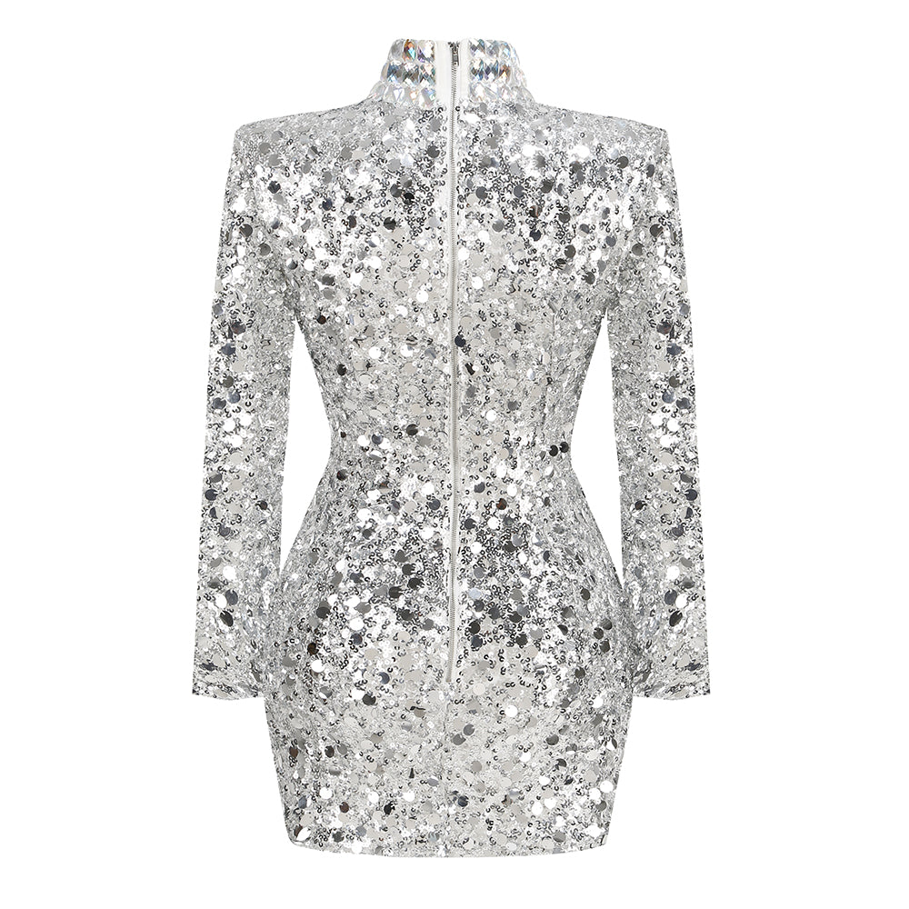 Long Sleeve Crystal Sequin Dress Silver HV1633