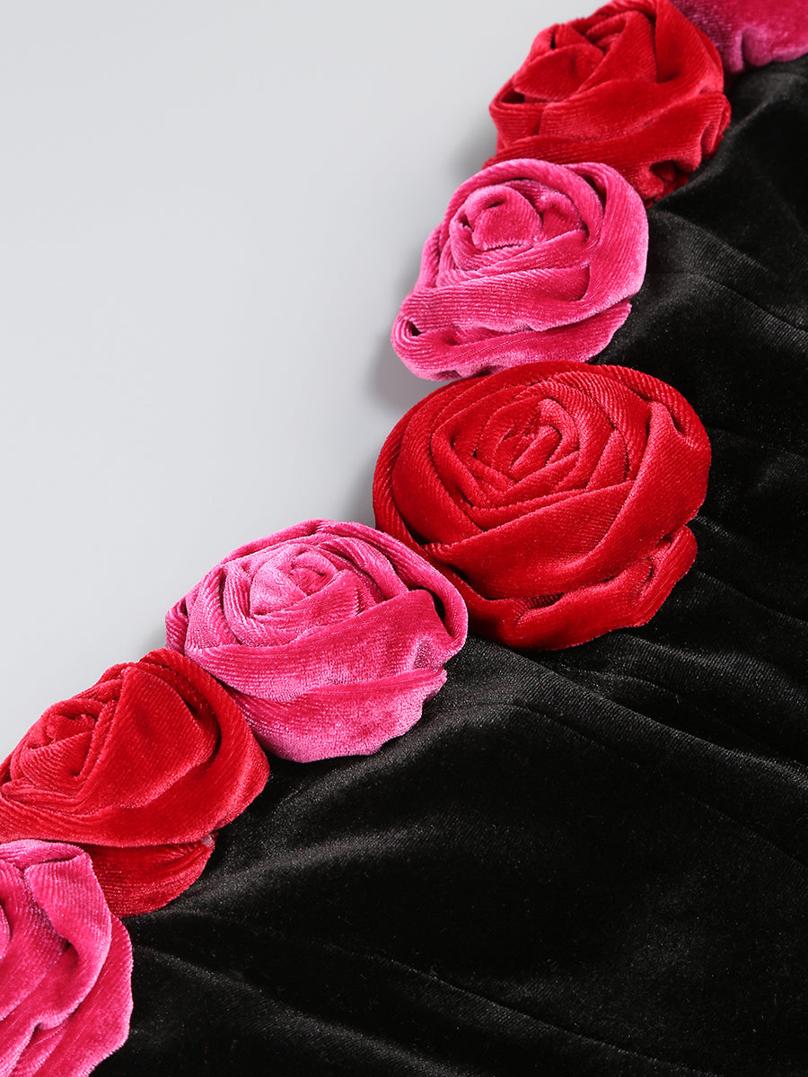 Flower Detail Strapless A Line Velvet Dress Black HV1173