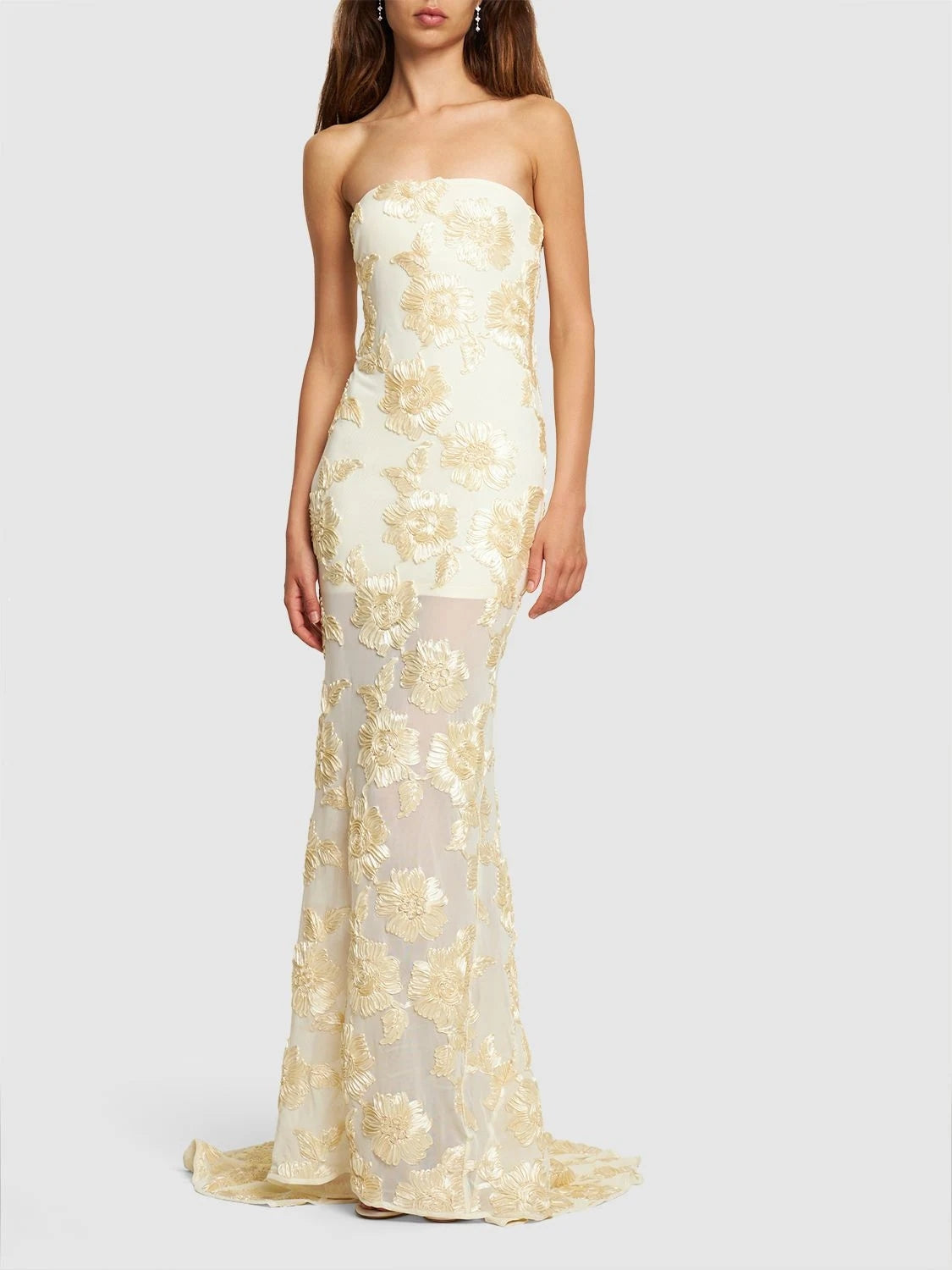 Strapless Floral Tail Maxi Dress Ivory HV1408