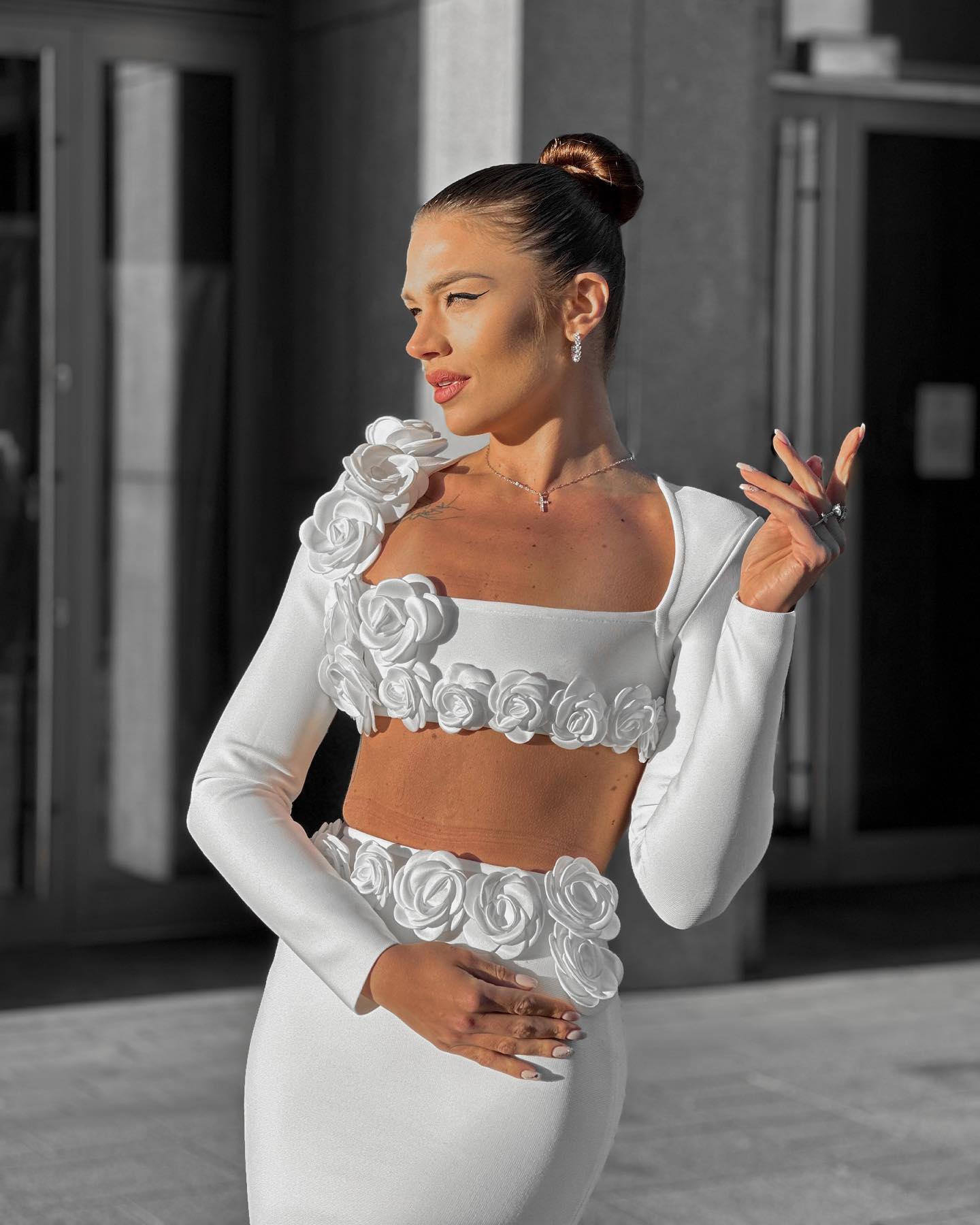 Long Sleeve Flower Detail Two Piece Maxi Dress White HV1155