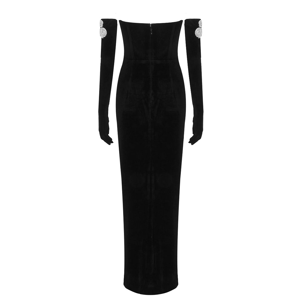 Crystal Bustier Strapless Maxi Velvet Dress Black HV9635