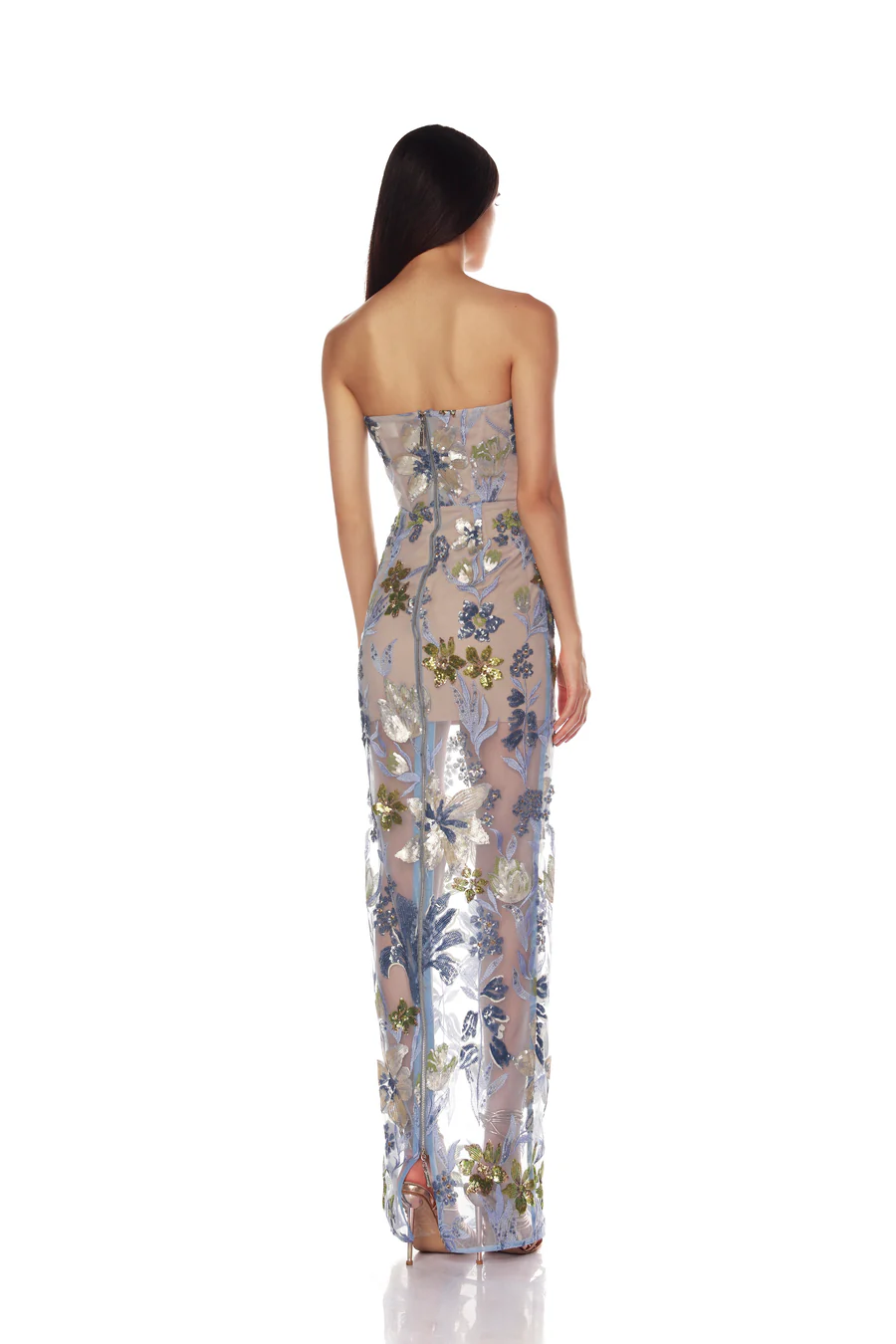 Strapless Sequin Embroidered Floral Maxi Dress Blue HV2099