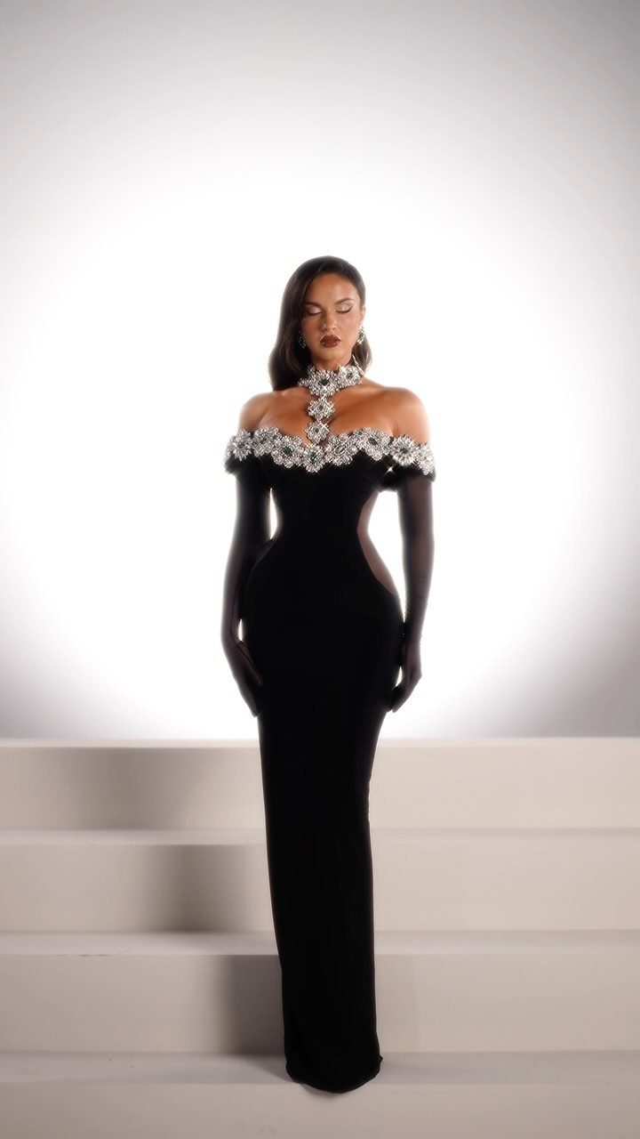 Halter Crystal Bardot Velvet Dress Maxi Black HV1495