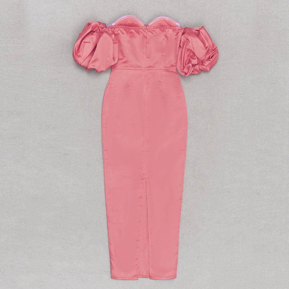 Puff Sleeve Off Shoulder Midi Dress Pink Lavender HV9376