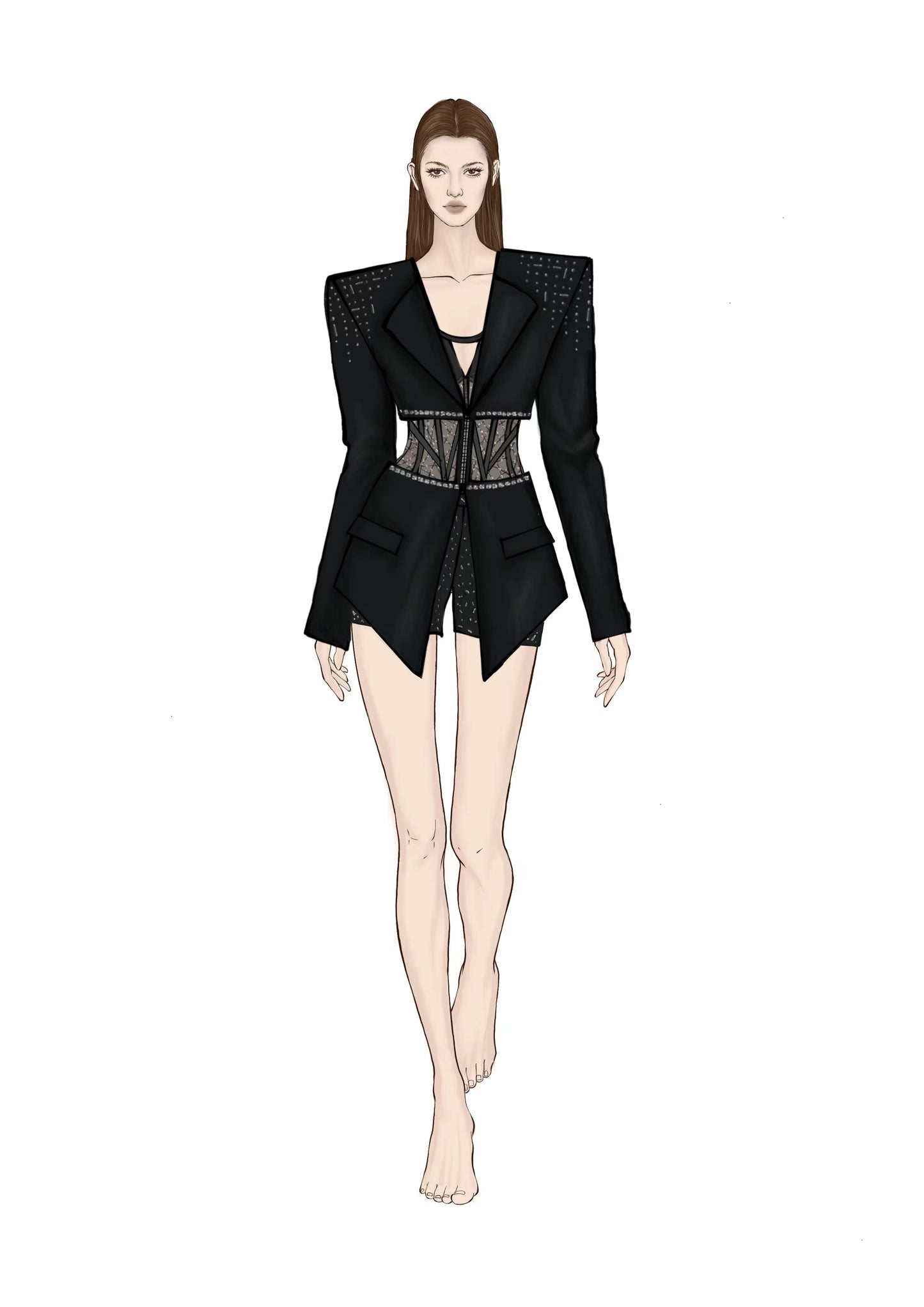 Crystal Sequin Bustier Two Piece Set Black HV1248