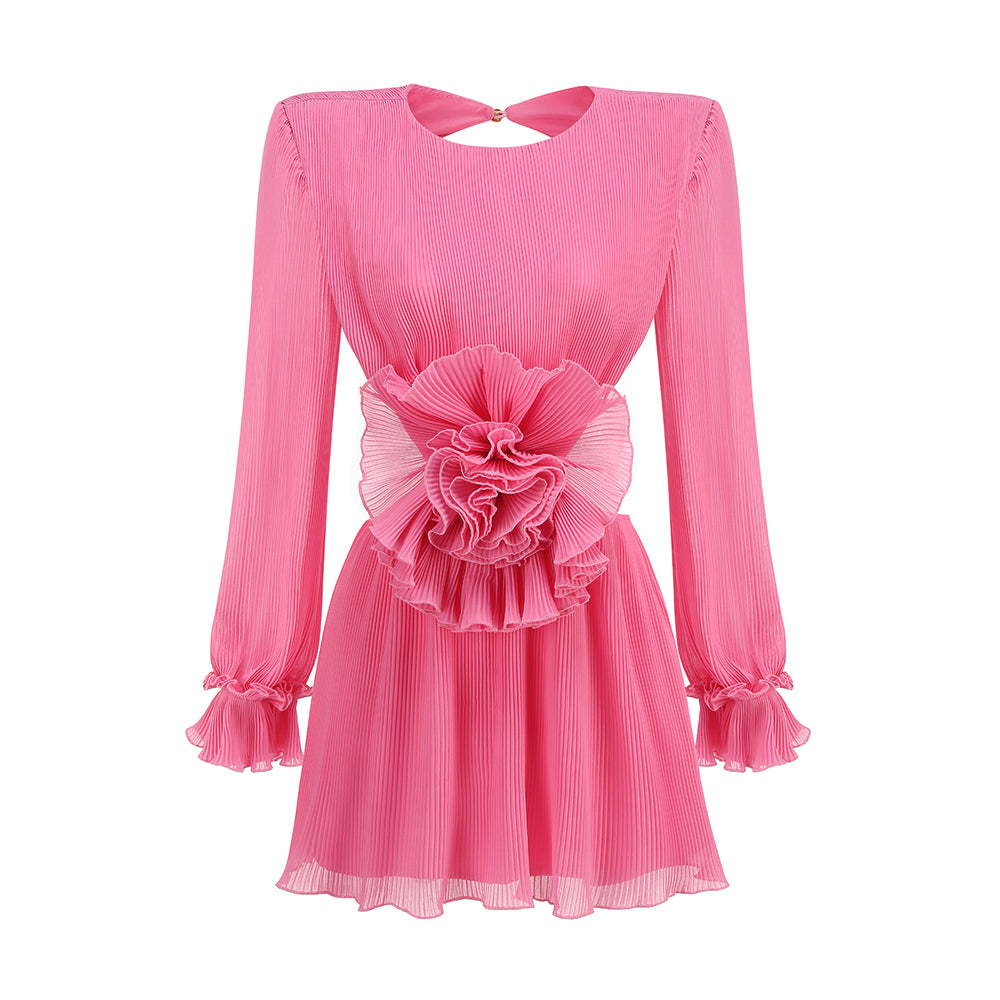 Long Sleeve Floral Backless Dress Hot Pink HV1526