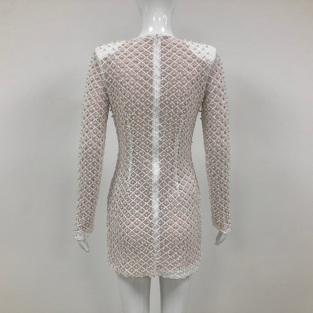 Long Sleeve Pearl Sequin Dress White HV1801