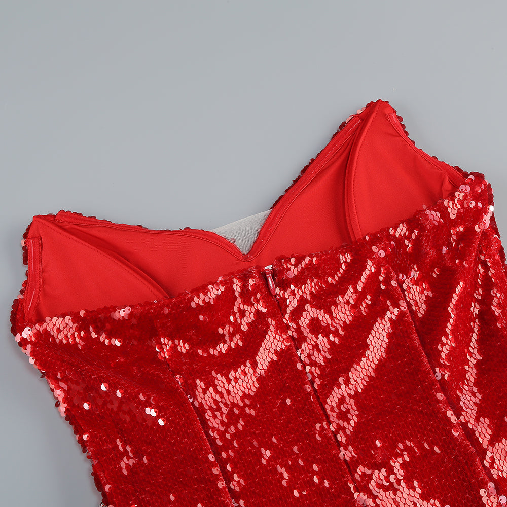 Strapless Crystal Sequin Midi Dress Red