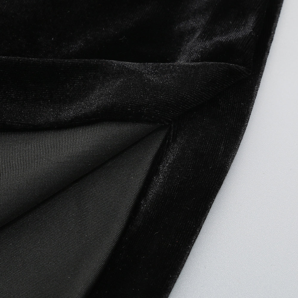 One Sleeve Pearl Floral Maxi Velvet Dress Black