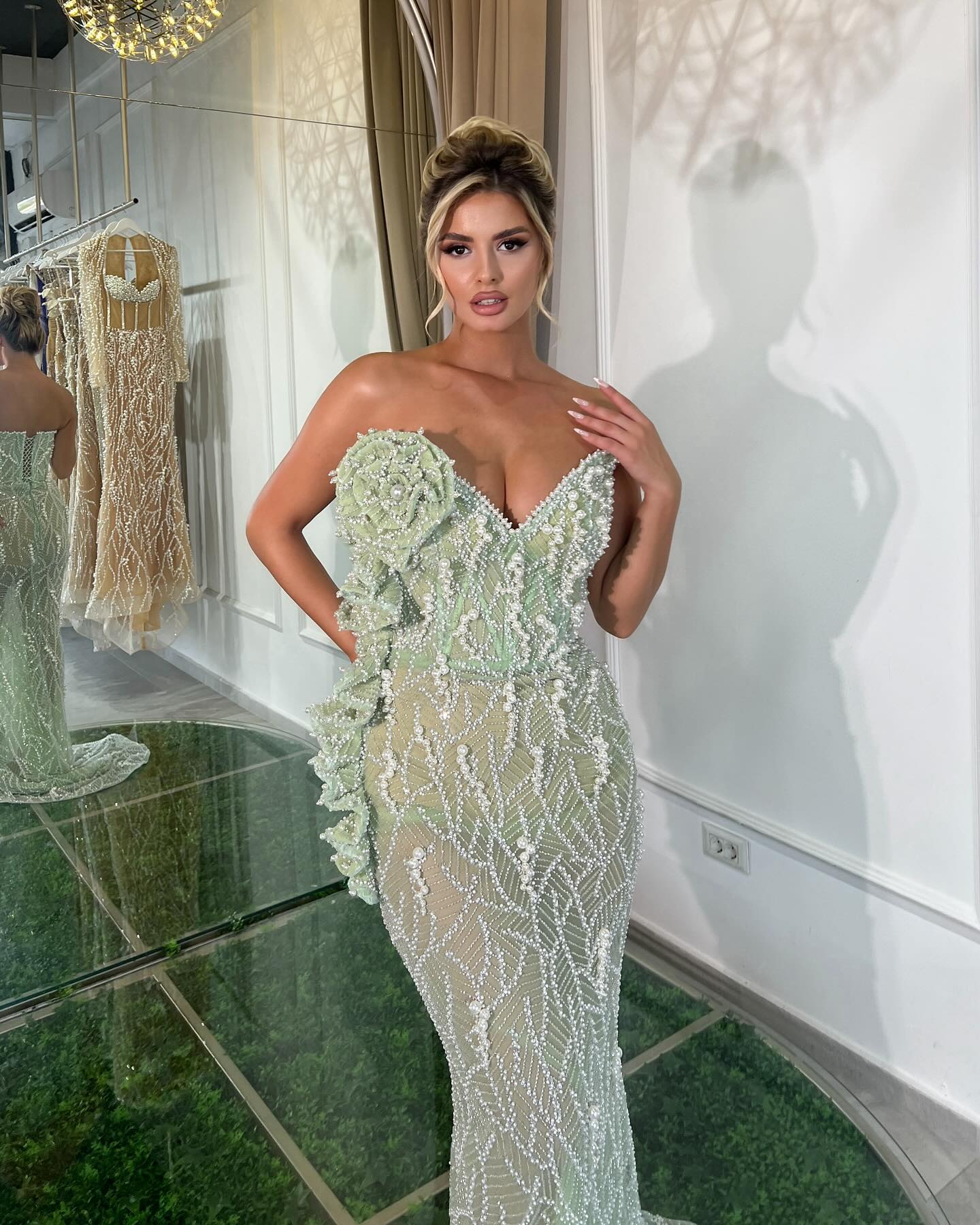 Strapless Floral Sequin Maxi Dress Green HV2227