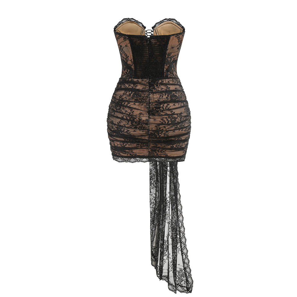 Strapless Draped Lace Corset Dress Black HV2157