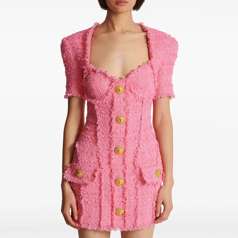 Short Sleeve Bustier Pocket Dress Hot Pink HV1575