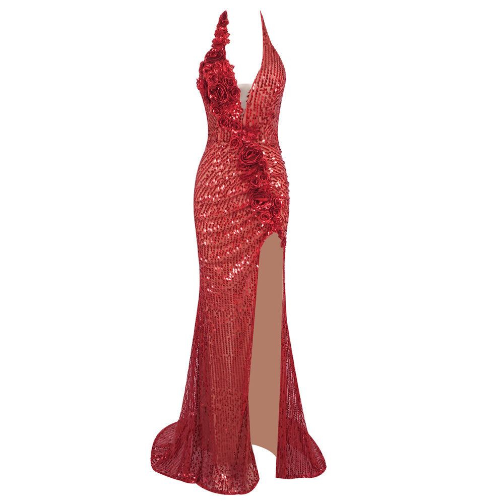 Halter Floral Detail Sequin Maxi Dress Red HV1915