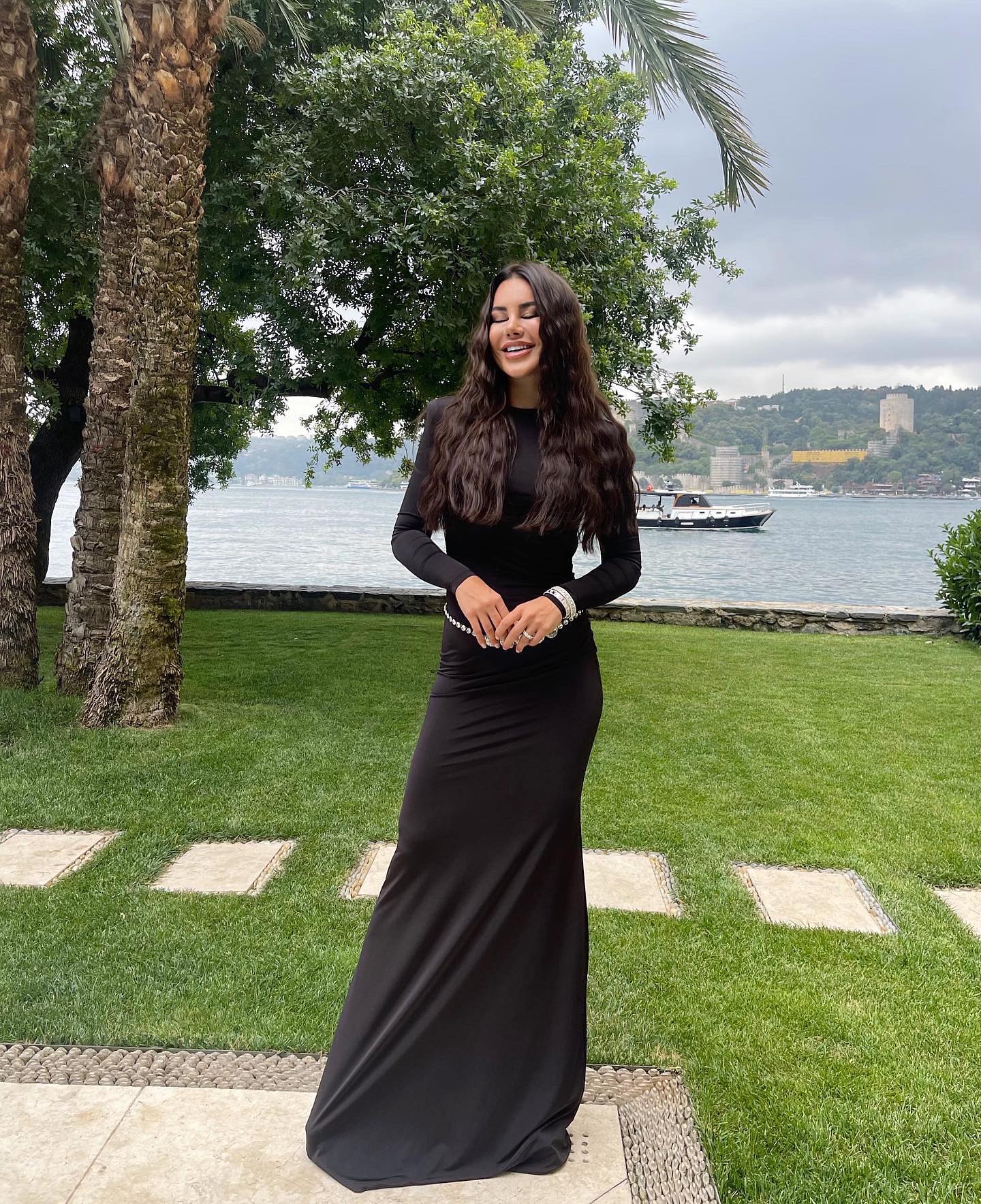 Long Sleeve Crystal Belt Maxi Dress Black HV9973