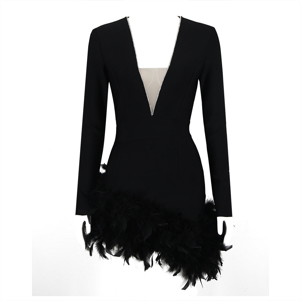 Long Sleeve Rhinestone Feather Dress HV9215