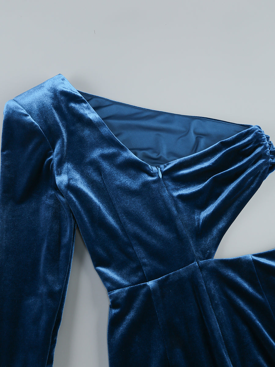 One Sleeve Maxi Velvet Dress Blue