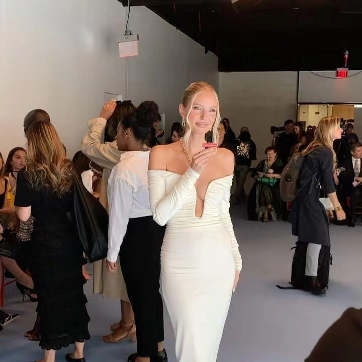 Long Sleeve Ruched Bardot Midi Dress White HV1923