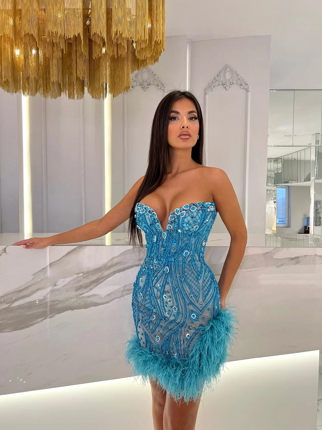 Strapless Sequin Crystal Feather Dress Blue HV1741