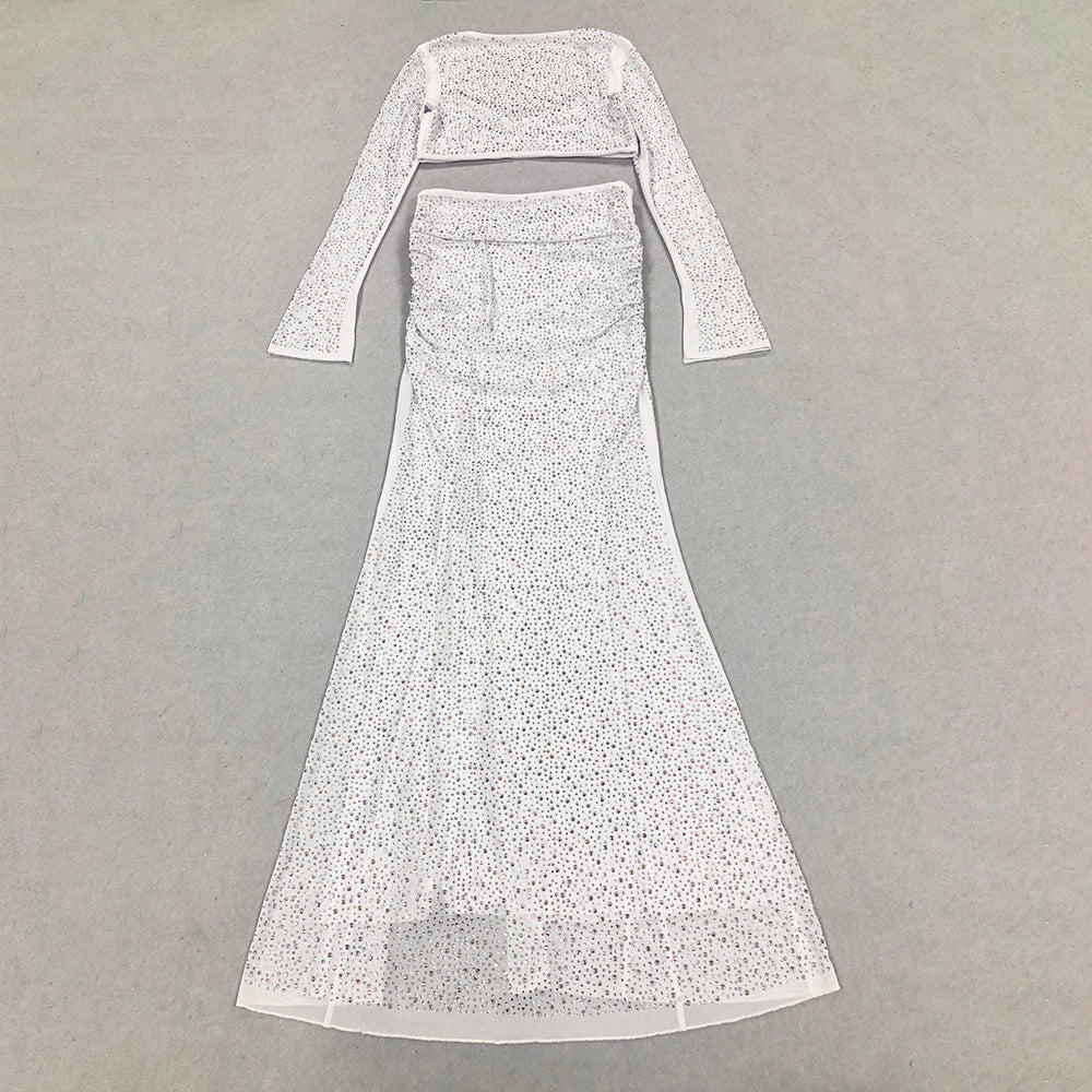 Long Sleeve Crystal Two Piece Maxi Dress Silver HV1569