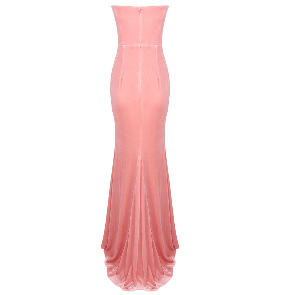 Strapless Crystal Bustier Maxi Velvet Dress Pink HV1745