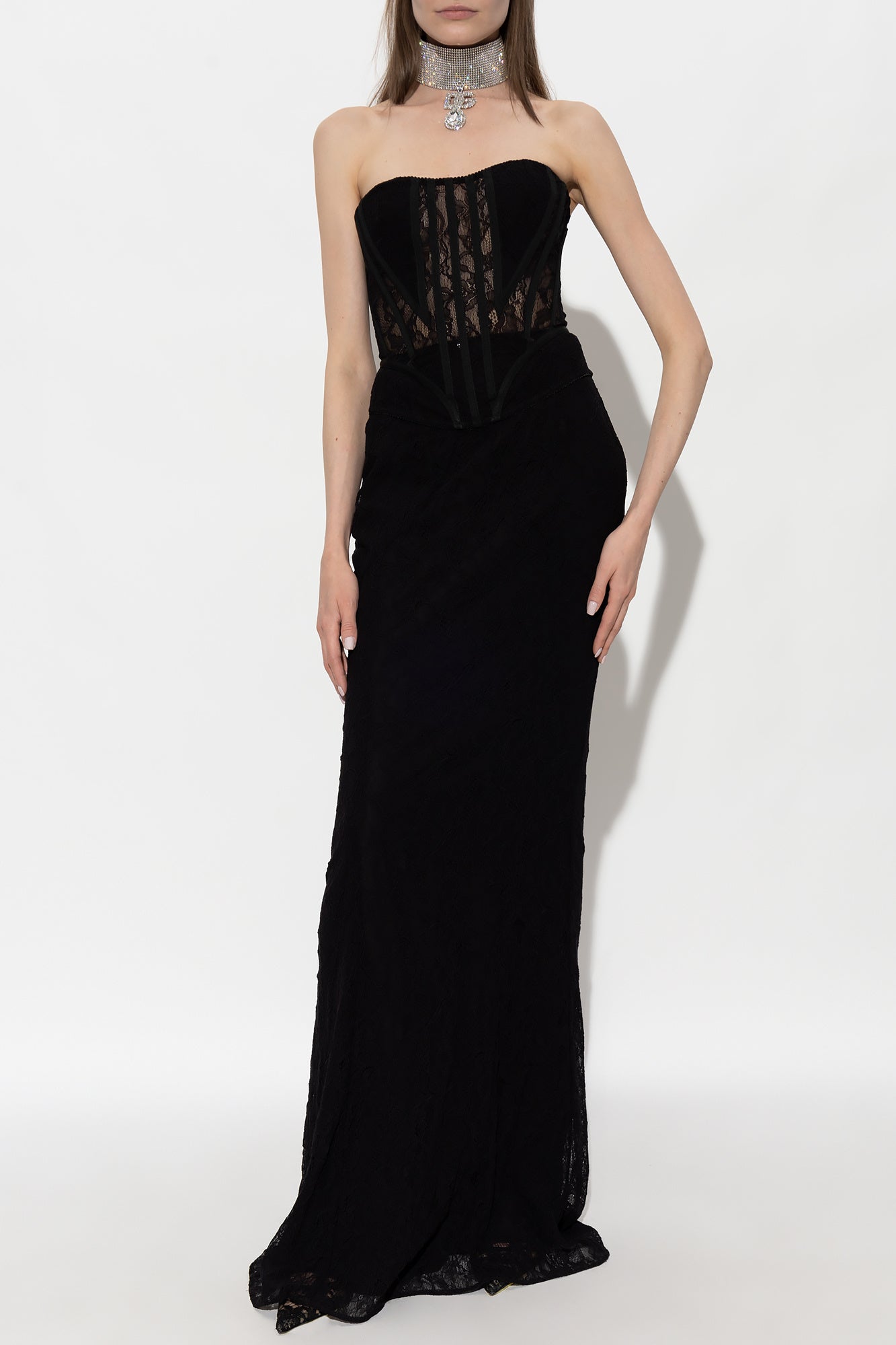 Strapless Lace Corset Two Piece Maxi Dress Black HV1056