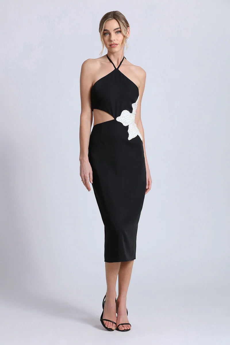 Halter Pearl Flower Midi Dress Black White HV1492