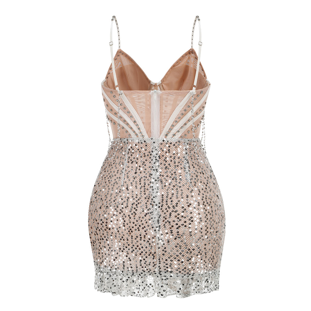 Corset Sequin Dress White Nude HV1864