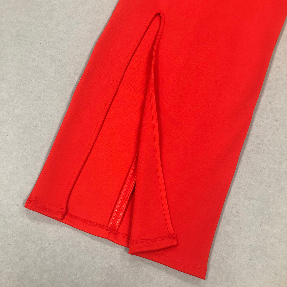 Long Sleeve Crystal Detail Midi Dress Red HV1687