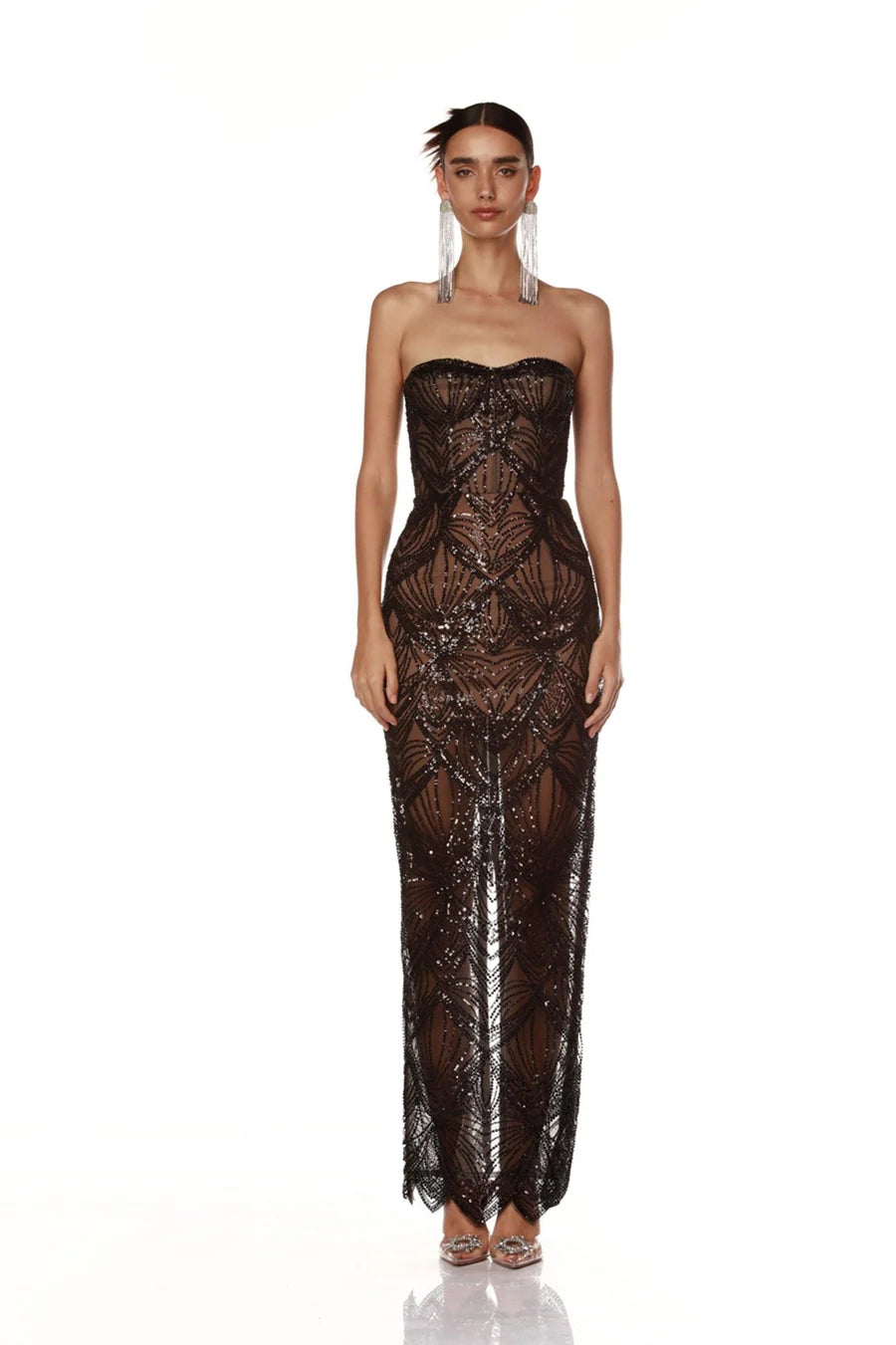 Strapless Bustier Sequin Maxi Dress Black HV1728
