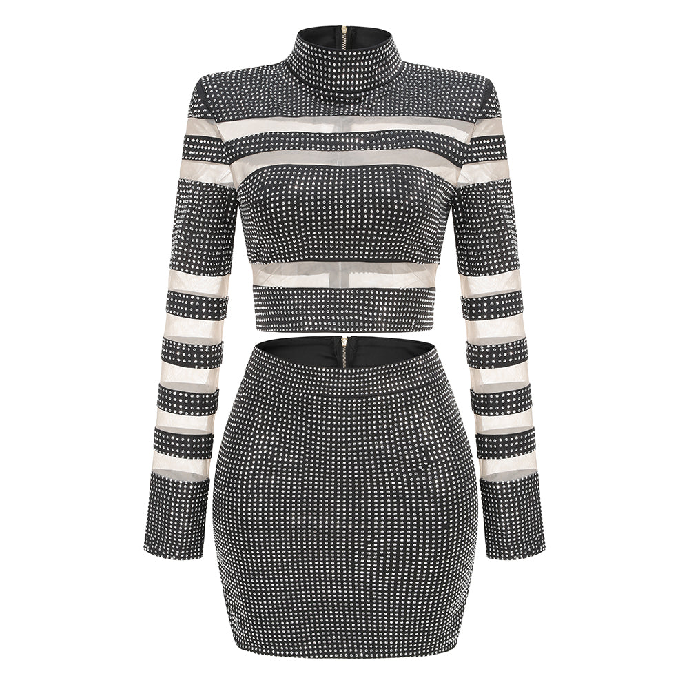 Long Sleeve Studded Mesh Two Piece Dress HV1939