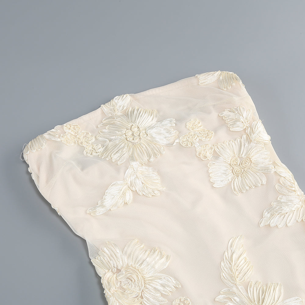 Strapless Floral Tail Maxi Dress Ivory HV1408