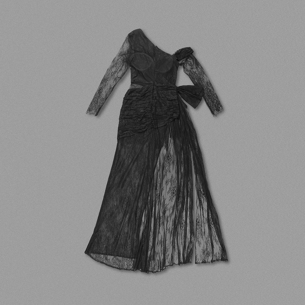 Long Sleeve Draped Lace Maxi Dress Black HV1744