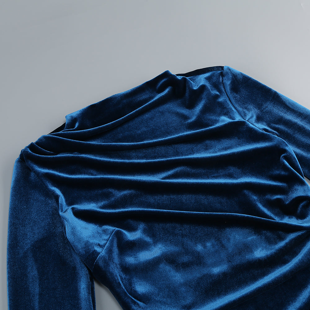Feather Long Sleeve Velvet Dress Blue