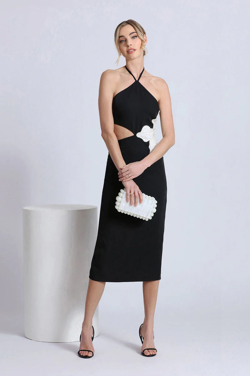 Halter Pearl Flower Midi Dress Black White HV1492