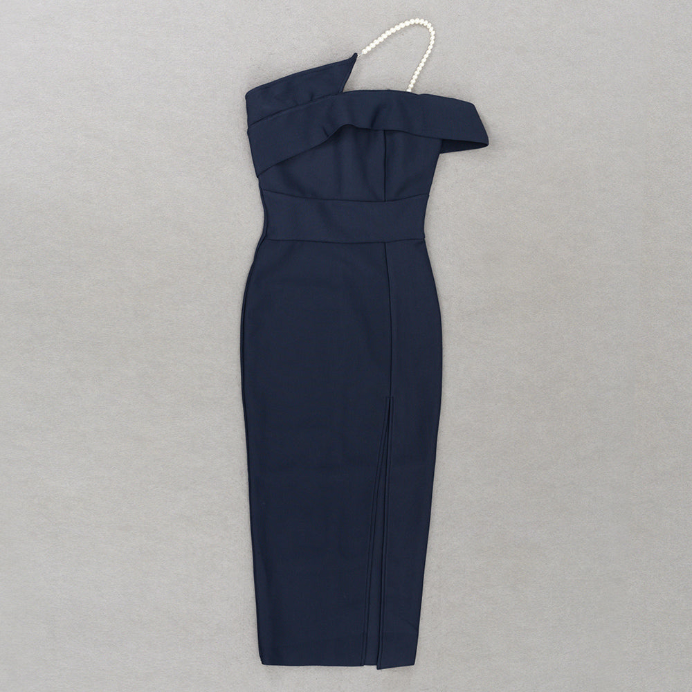 One Shoulder Pearl Midi Dress Navy Blue HV9313
