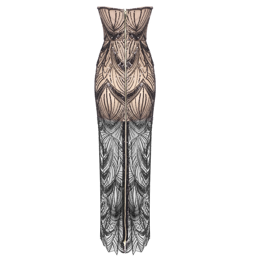 Strapless Bustier Sequin Maxi Dress Black HV1728
