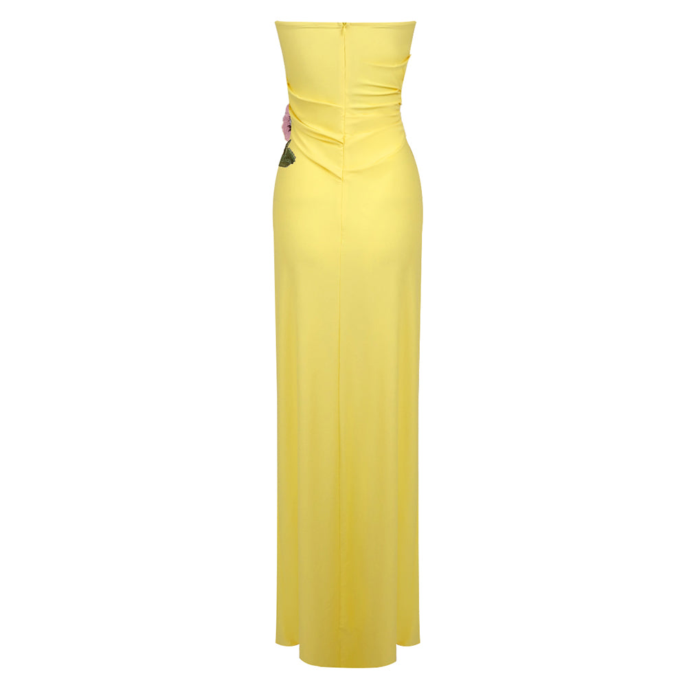 Strapless Floral Detail Maxi Dress Yellow HV1369