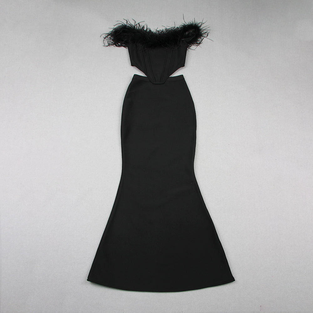 Feather Off Shoulder Mermaid Maxi Dress Black HV9955