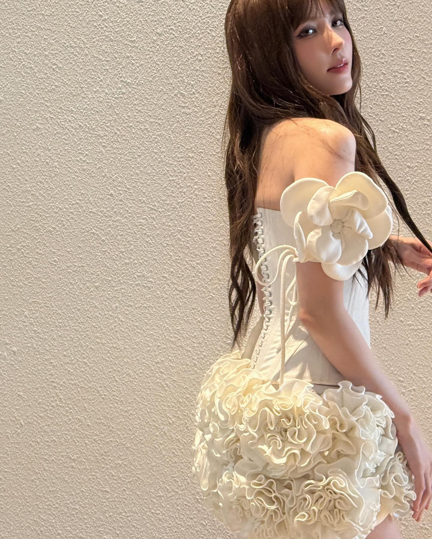 Strapless Corset Floral Ruffle Dress White HV1645