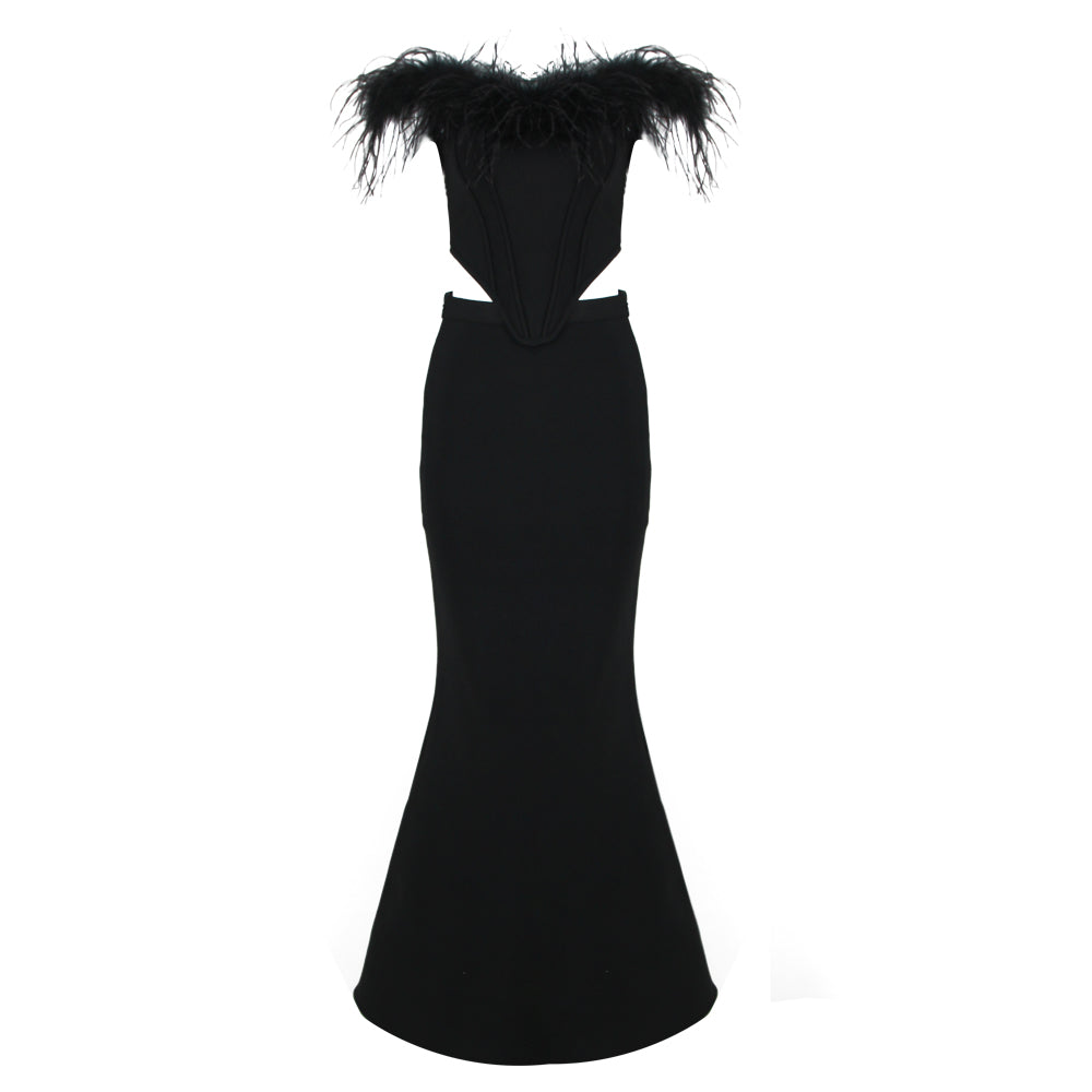 Feather Off Shoulder Mermaid Maxi Dress Black HV9955