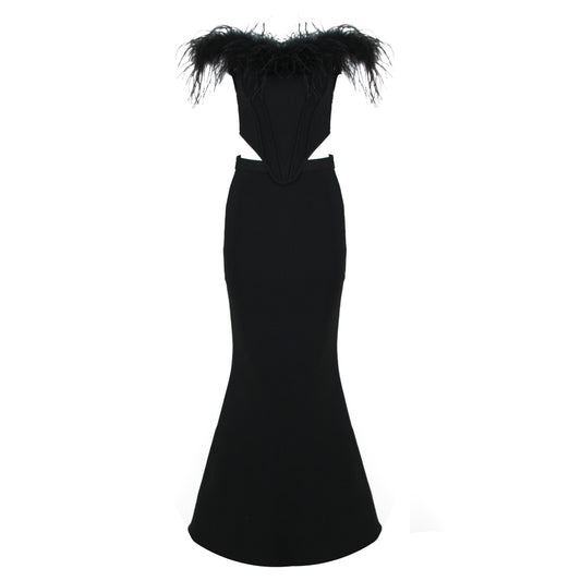 Feather Off Shoulder Mermaid Maxi Dress Black HV9955