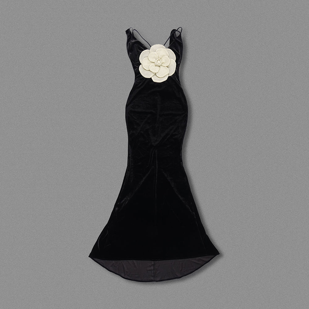 Flower Detail Maxi Velvet Dress Black HV1622