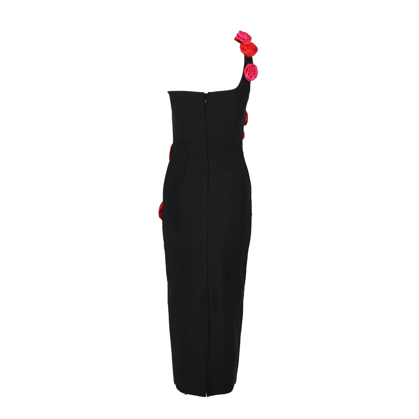 One Shoulder Rose Detail Midi Dress Black HV1094