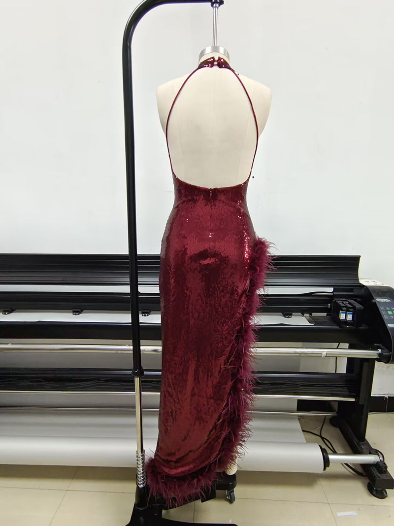 Halter Sequin Feather Maxi Dress Red