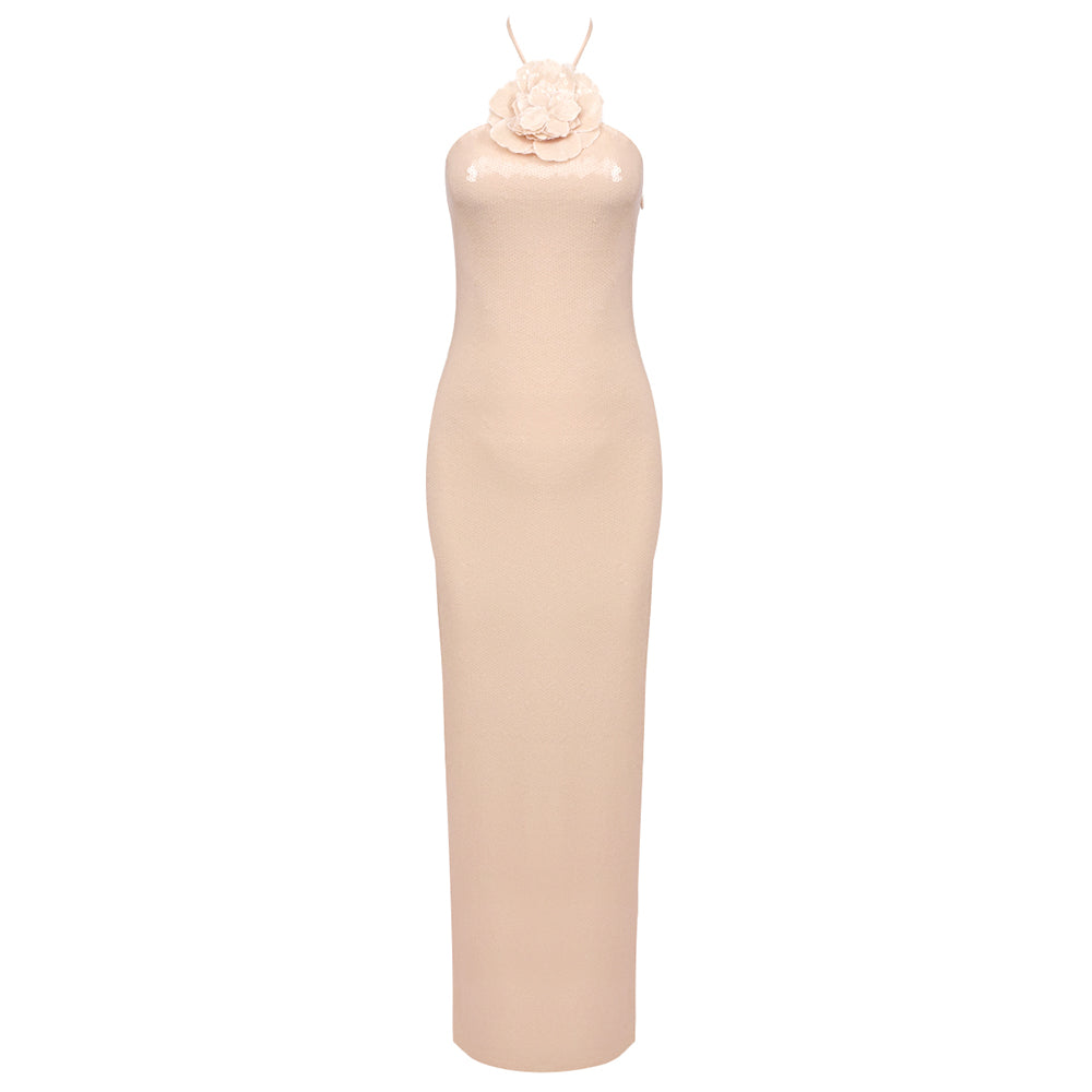 Halter Flower Sequin Maxi Dress Nude HV1410